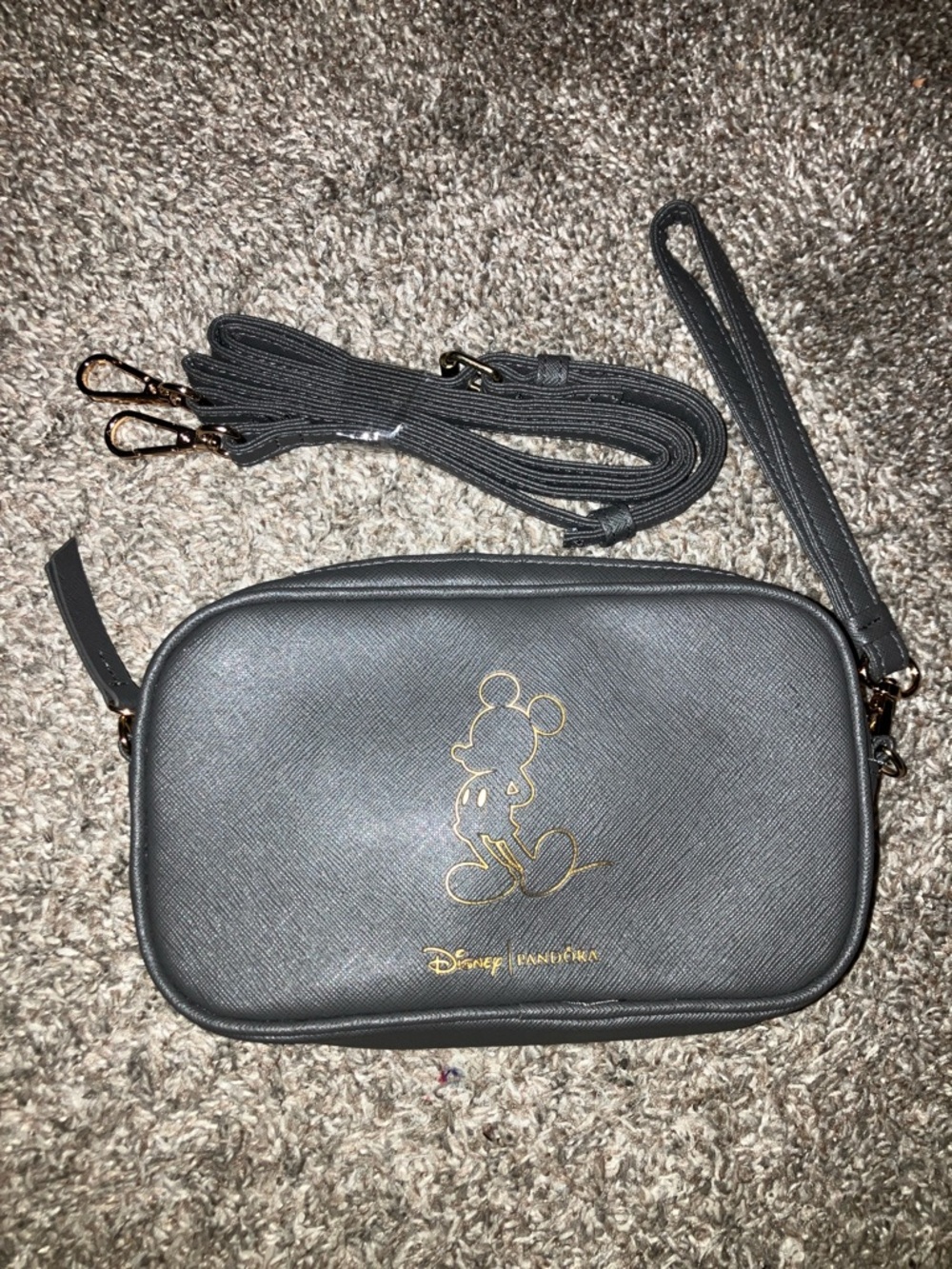 Disney For Pandora Gray Crossbody Bag/Wristlet Gold Mickey Outline 7” X 5”